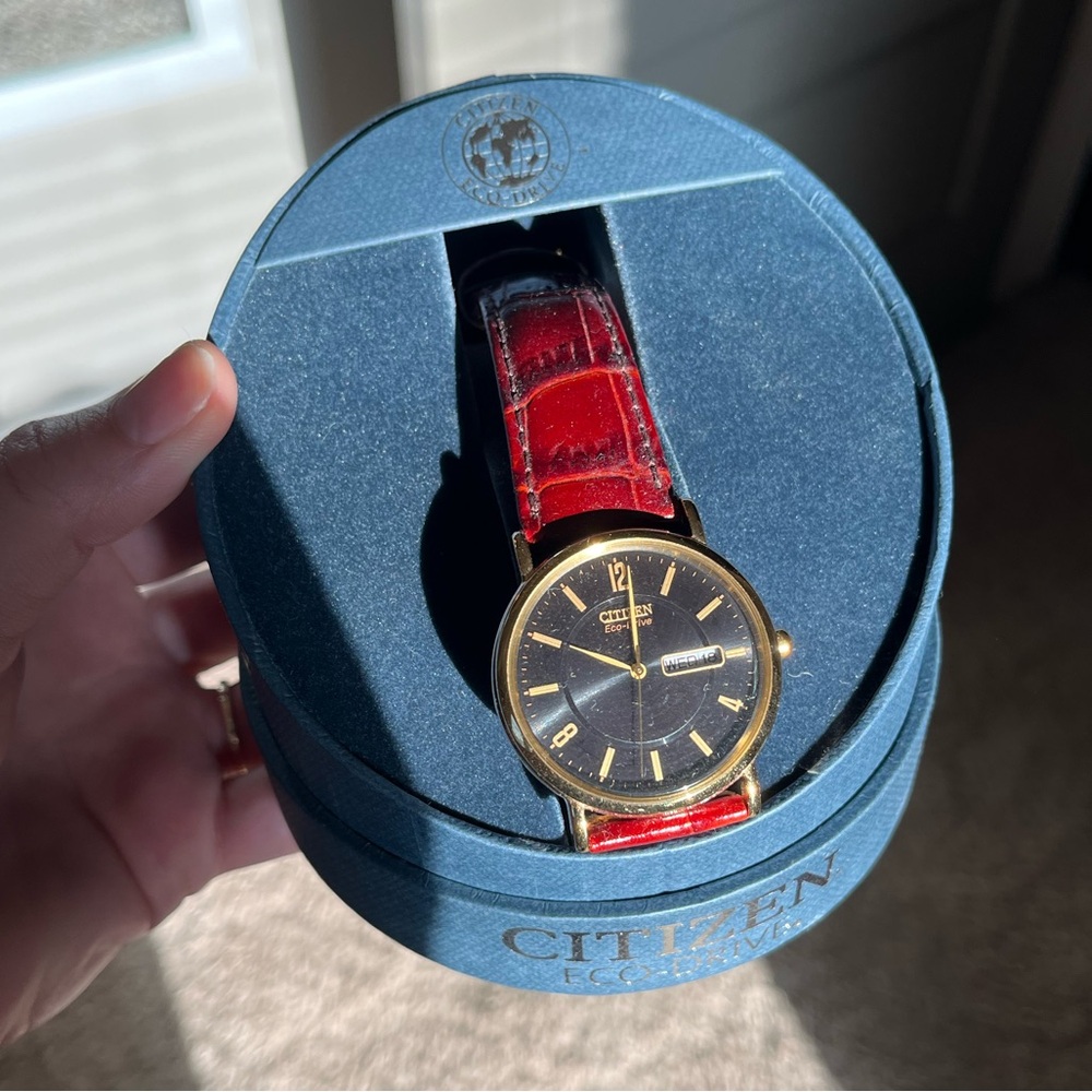Citizen Eco-drive watch gold tone leather band E101